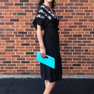 Black V-Neck Tea Length Dress with Kimono Sleeves
